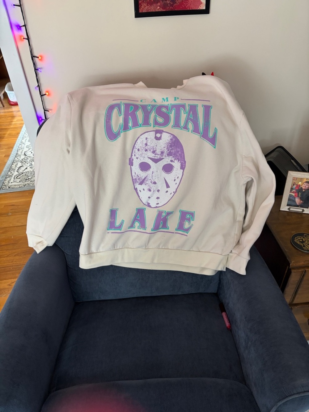 💕3/$25💕Camp Crystal Lake Graphic Sweatshirt - Cream with Purple & Teal Print